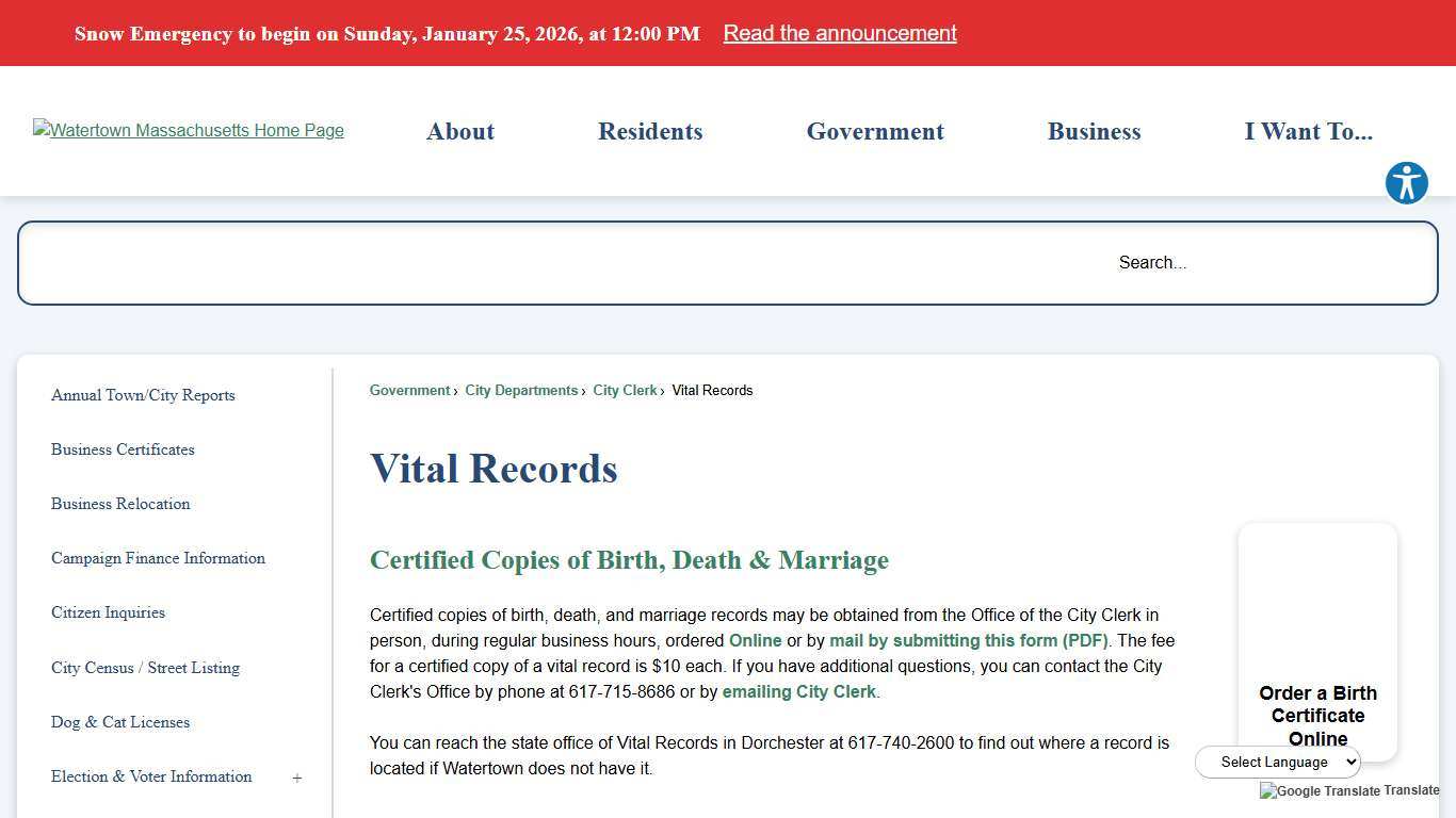 Vital Records Watertown, MA - Official Website