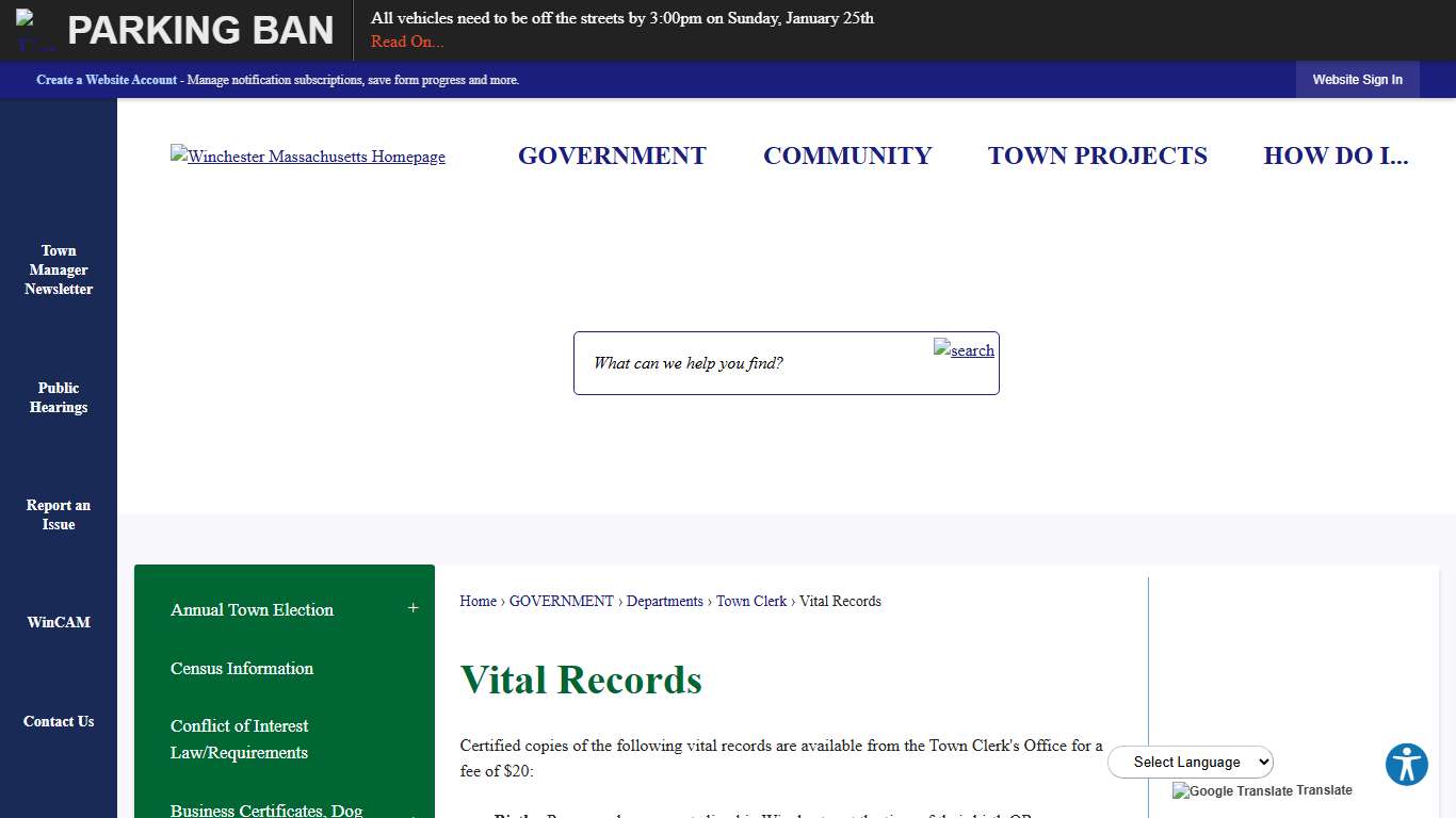 Vital Records Winchester, MA - Official Website